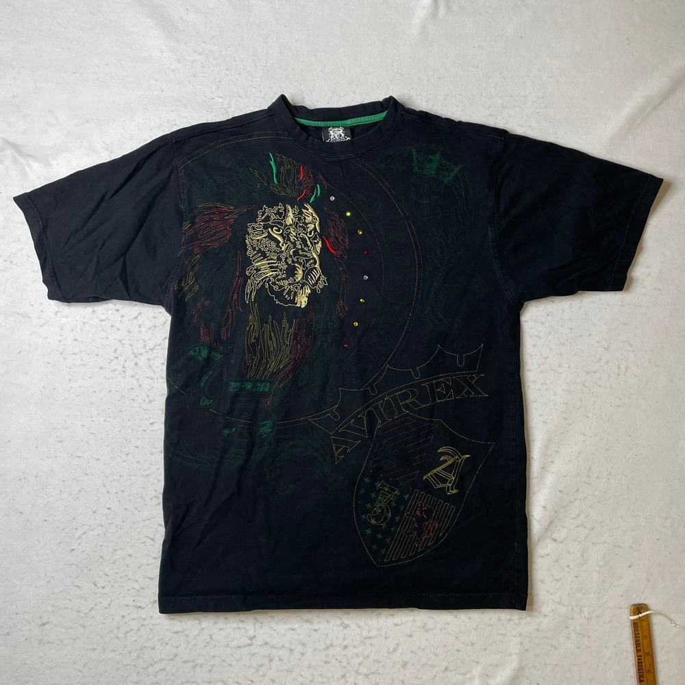 Avirex T-Shirt Mens Medium Black Lion Head Embroidered Rhinestone Graphic Tee